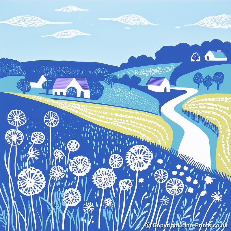 Dandelions by roadside verge Linoprint-Style Art (1779-1)