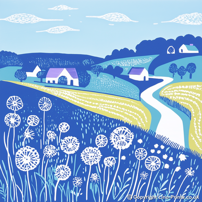 Dandelions by roadside verge Linoprint-Style Art (1779-1)