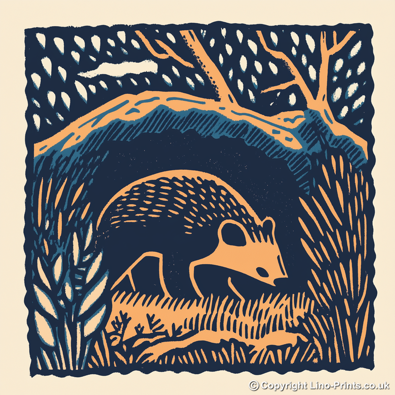 Badger emerging from sett Linoprint-Style Art (83-1)