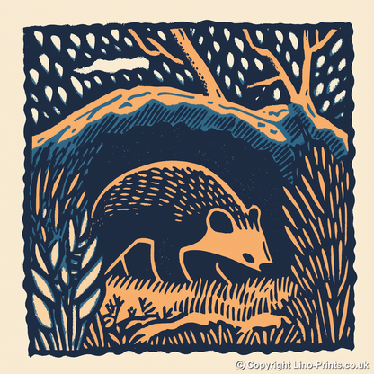 Badger emerging from sett Linoprint-Style Art (83-1)