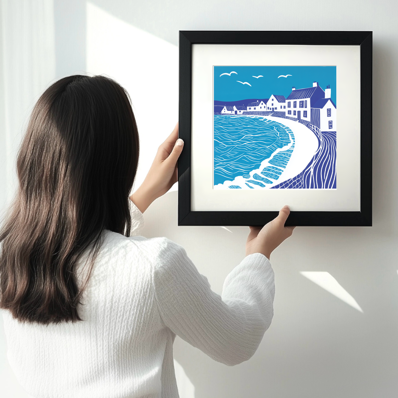 West Bay, Dorset Linoprint-Style Art (1115-1)