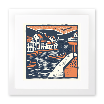 Looe Harbour, Cornwall Linoprint-Style Art (138-3)