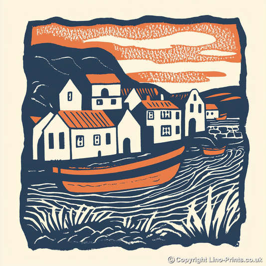 Cemaes Bay, Anglesey Linoprint-Style Art (129-1)