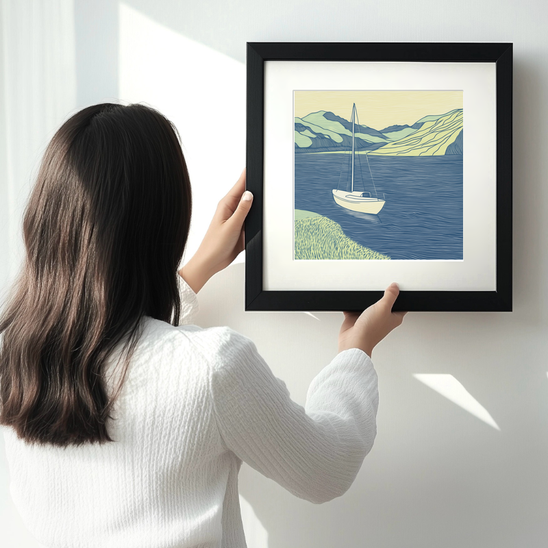 Yacht moored in quiet bay Linoprint-Style Art (2610-1)