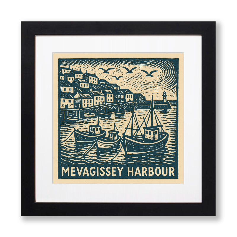 Mevagissey Harbour Linoprint-Style Art (c3)