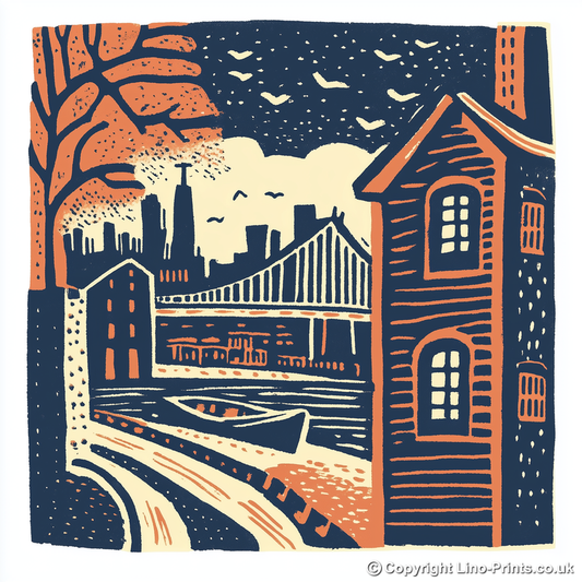 New York Brooklyn Bridge Linoprint-Style Art (22-4)
