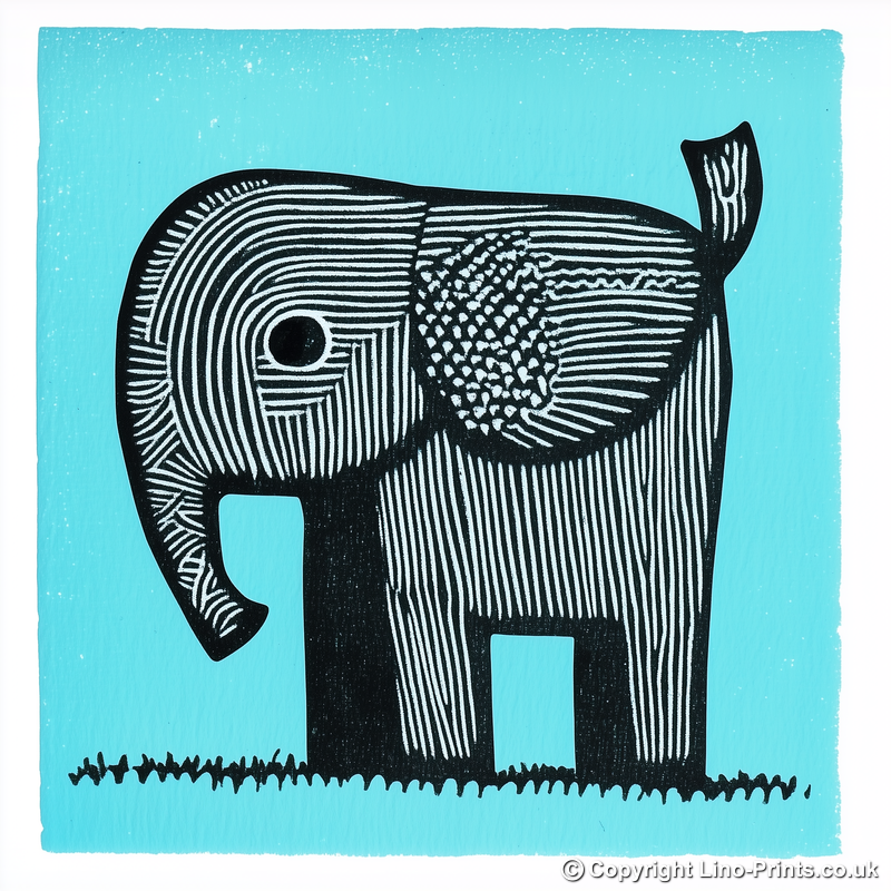 Cute Elephant Calf Linoprint-Style Art (619-1)