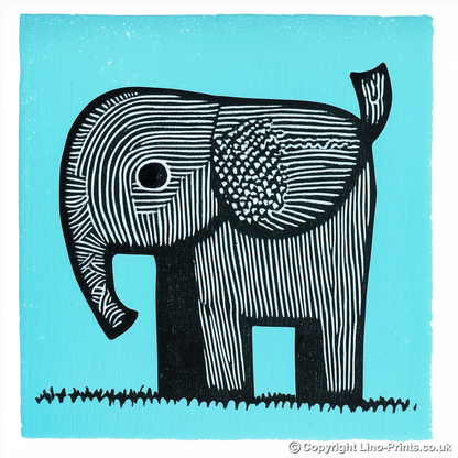 Cute Elephant Calf Linoprint-Style Art (619-1)