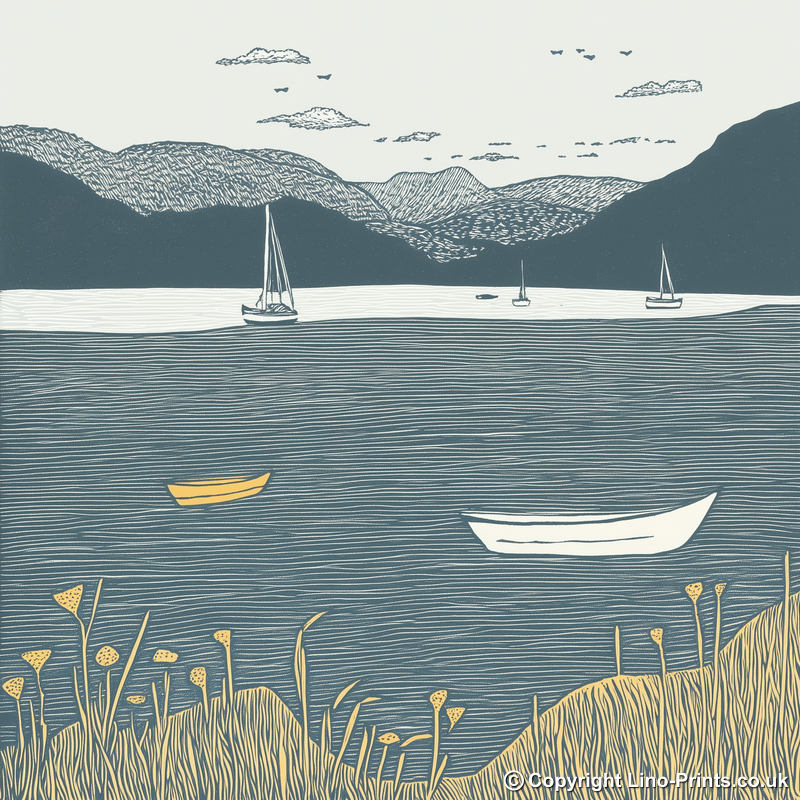 Windermere lake shore with boats Linoprint-Style Art (2604-3)