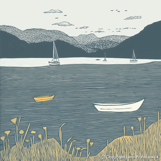 Windermere lake shore with boats Linoprint-Style Art (2604-3)
