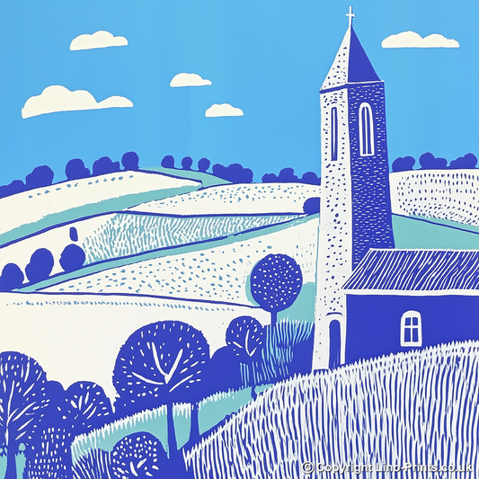 Church tower rising from flat fields Linoprint-Style Art (1769-1)