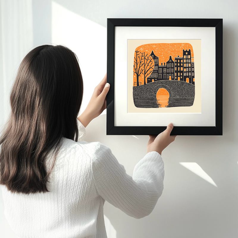 Amsterdam canal at twilight Linoprint-Style Art (164-1)