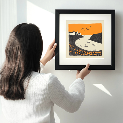 Looe Harbour, Cornwall Linoprint-Style Art (300-1)