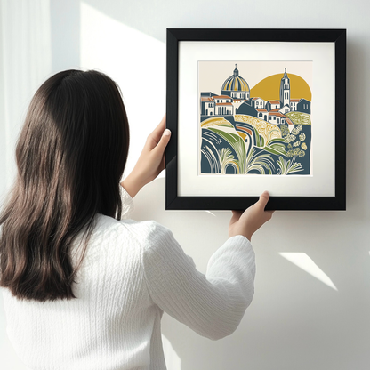 Florence Duomo and rooftops Linoprint-Style Art (1140-1)
