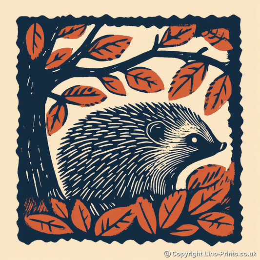 Hedgehog in autumn leaves Linoprint-Style Art (94-3)