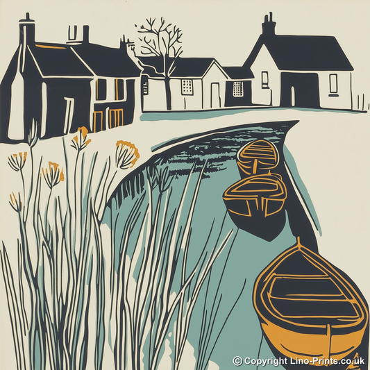 Broadland village with boat moorings Linoprint-Style Art (1864-1)