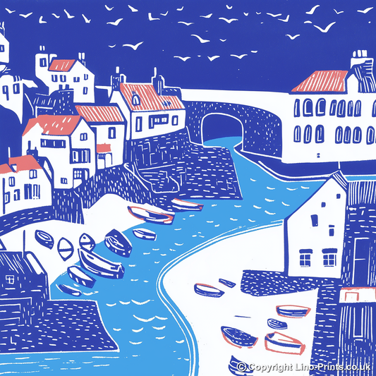 Staithes, North Yorkshire Linoprint-Style Art (1111-1)