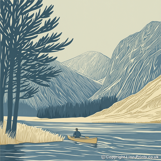 Kayaker near Buttermere pines Linoprint-Style Art (2467-3)