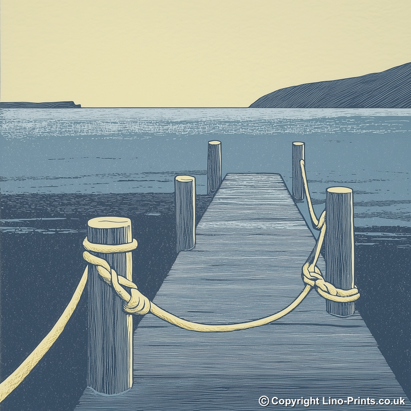Jetty with mooring posts and ropes Linoprint-Style Art (2464-1)