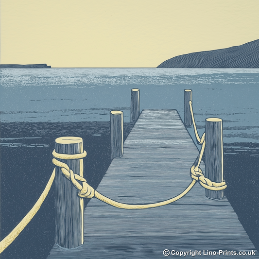 Jetty with mooring posts and ropes Linoprint-Style Art (2464-1)