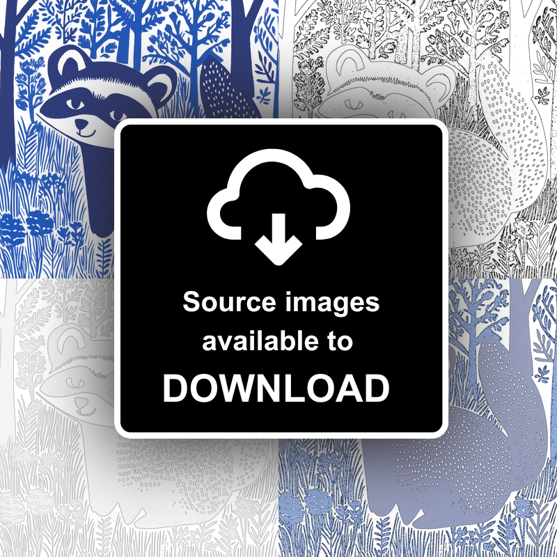 Cute Raccoon Kit Linoprint-Style Art (931-1)