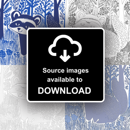 Cute Raccoon Kit Linoprint-Style Art (931-1)