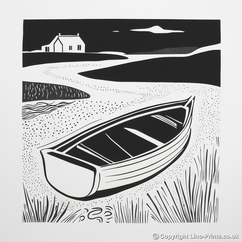 Beached dinghy in the mud Linoprint-Style Art (1859-1)