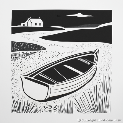 Beached dinghy in the mud Linoprint-Style Art (1859-1)
