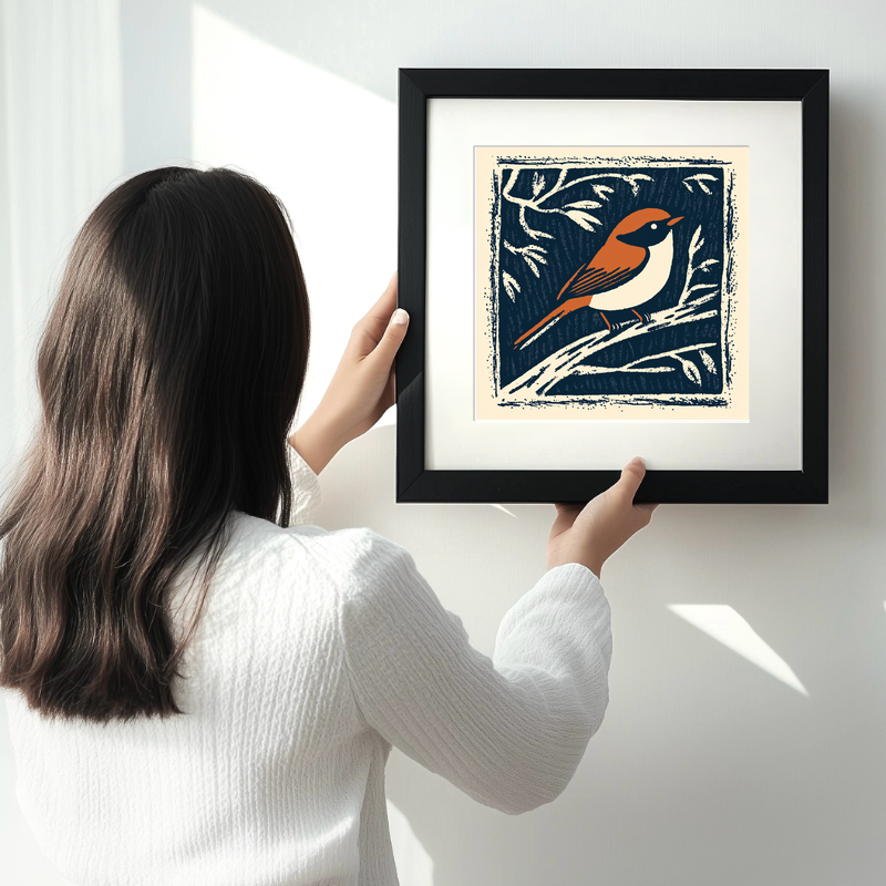 Cute Baby Robin Linoprint-Style Art (45-2)