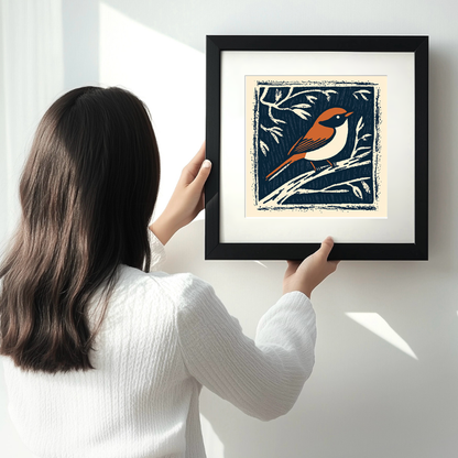 Cute Baby Robin Linoprint-Style Art (45-2)