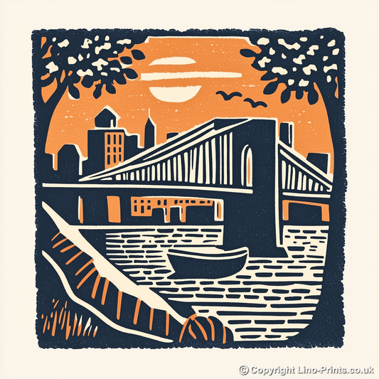 New York Brooklyn Bridge Linoprint-Style Art (22-3)