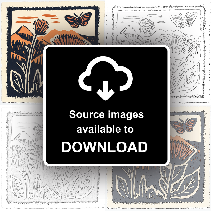 Thistle with butterfly Linoprint-Style Art (114-1)