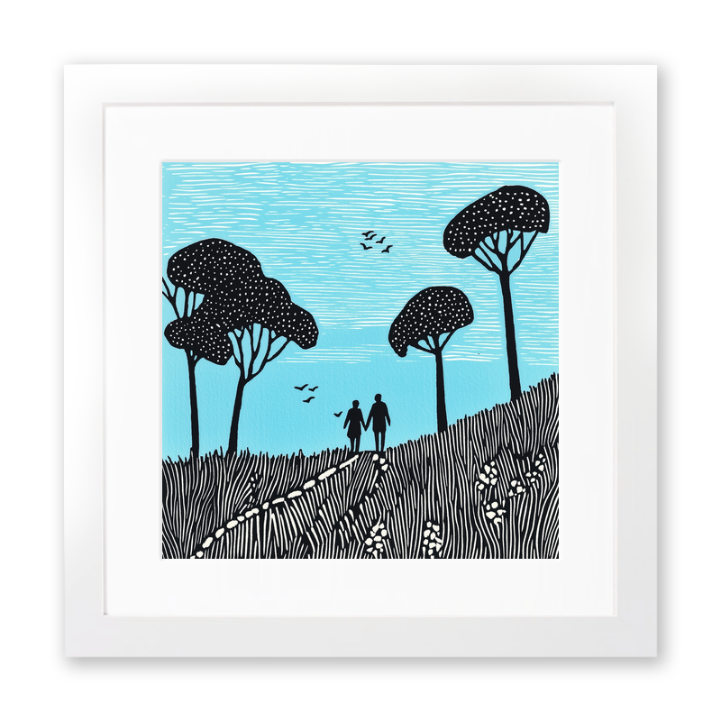 Coastal path walkers with backpacks Linoprint-Style Art (2271-1)