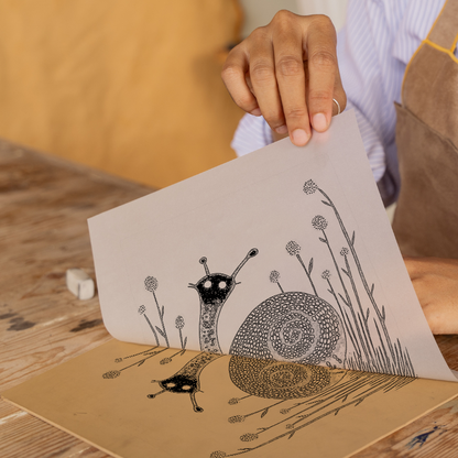 Snail on dewy grass Linoprint-Style Art (733-1)