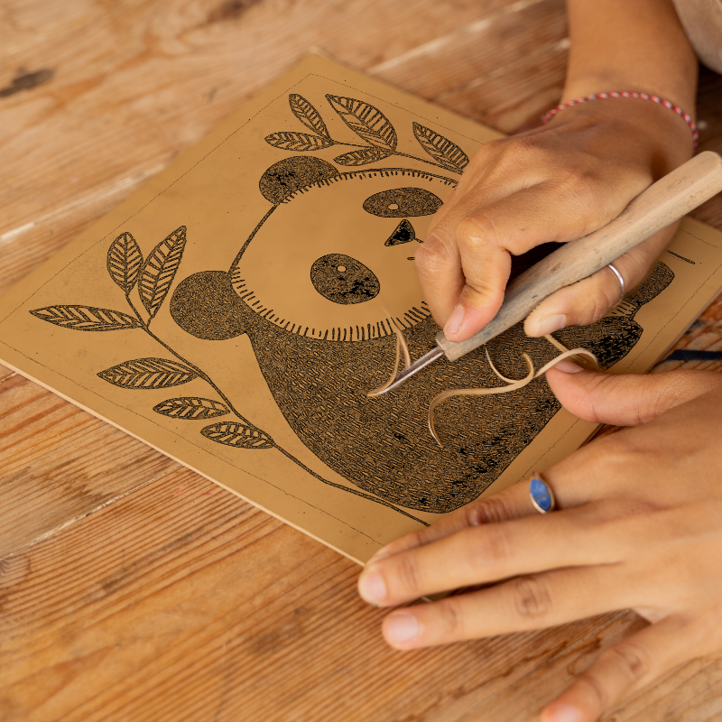 Cute Panda Cub (Giant Panda) Linoprint-Style Art (635-1)