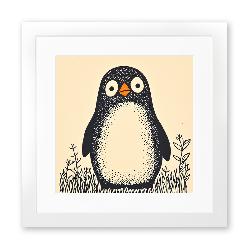 Cute Penguin Chick Linoprint-Style Art (233-1)