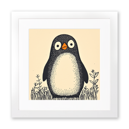 Cute Penguin Chick Linoprint-Style Art (233-1)