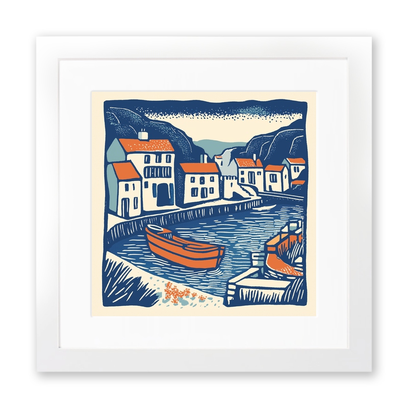 Polperro Harbour, Cornwall Linoprint-Style Art (144-1)