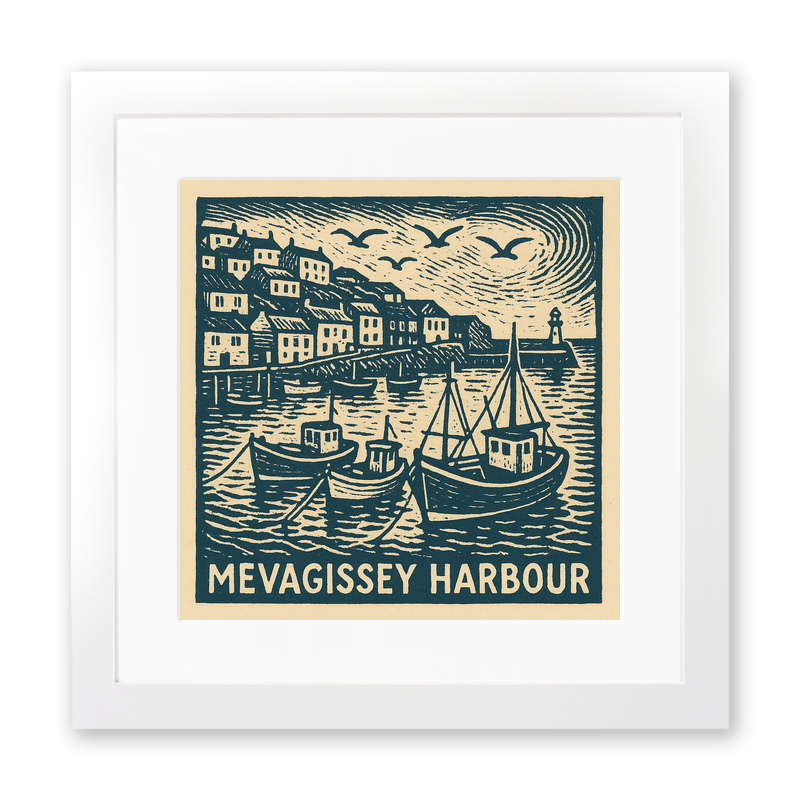 Mevagissey Harbour Linoprint-Style Art (c3)