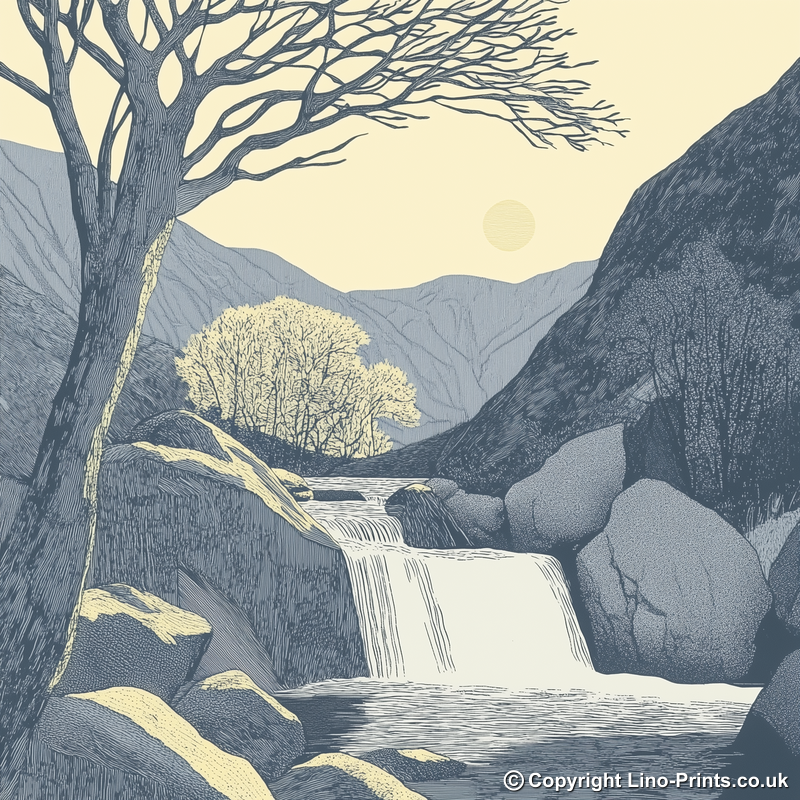 Skelwith Force cascade Linoprint-Style Art (2547-2)