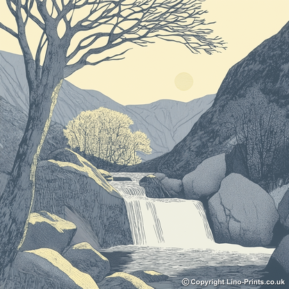 Skelwith Force cascade Linoprint-Style Art (2547-2)