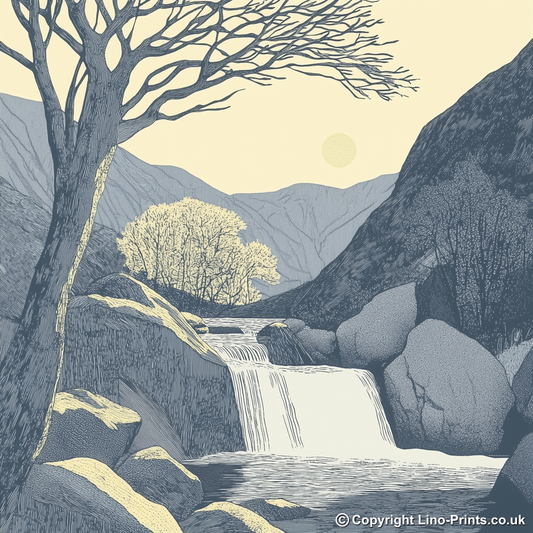 Skelwith Force cascade Linoprint-Style Art (2547-2)