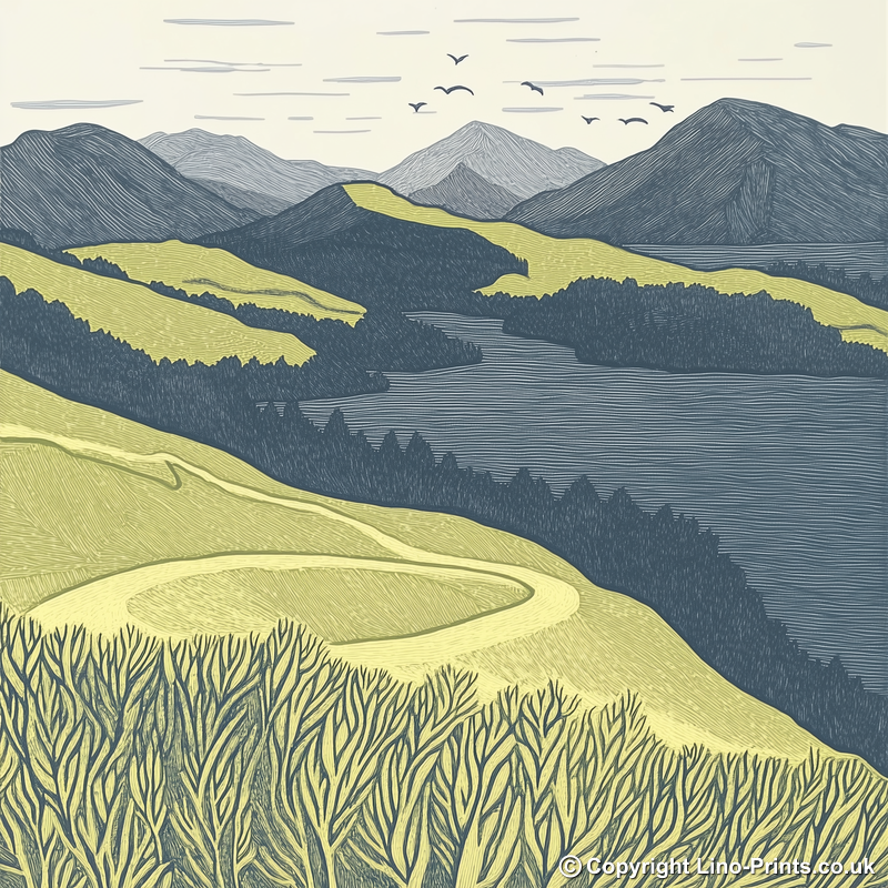 Catbells in the Lake District Linoprint-Style Art (2383-1)