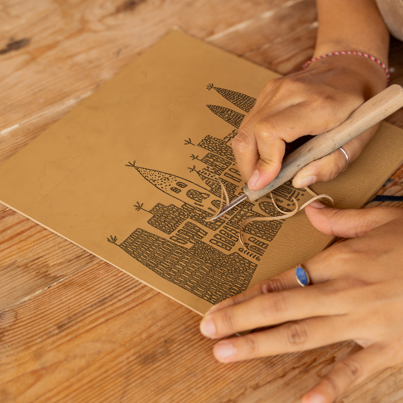 Barcelona skyline Linoprint-Style Art (547-1)