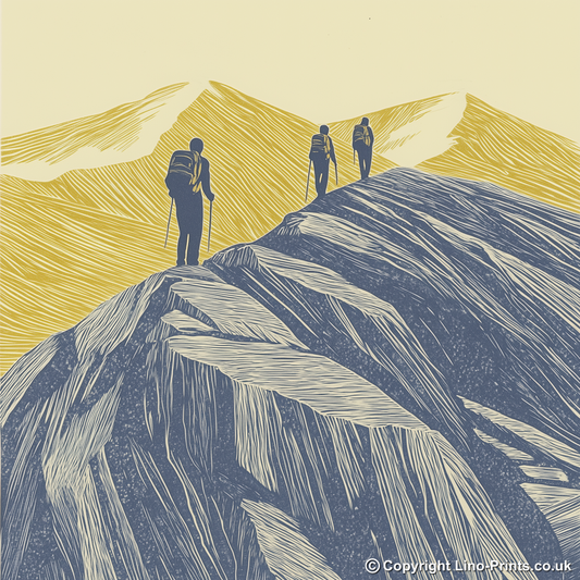 Hikers on a ridge silhouette Linoprint-Style Art (2456-1)