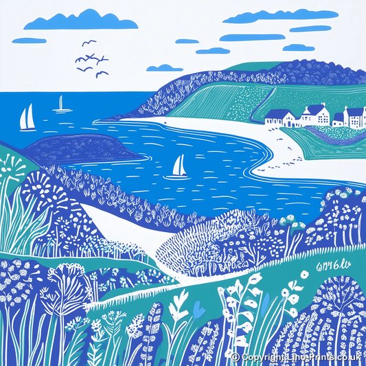 Bigbury-on-Sea and Burgh Island, Devon Linoprint-Style Art (1079-1)