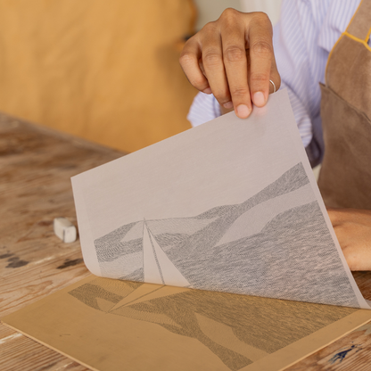 Sailing boat silhouette on the water Linoprint-Style Art (2528-5)