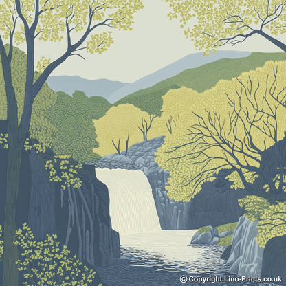 Aira Force waterfall in the Lake District Linoprint-Style Art (2355-1)
