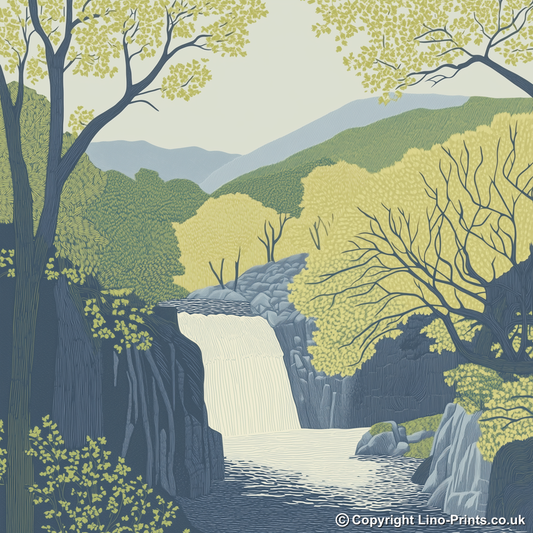 Aira Force waterfall in the Lake District Linoprint-Style Art (2355-1)