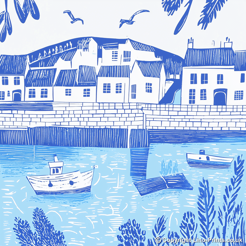 Padstow Harbour, Cornwall Linoprint-Style Art (1097-2)
